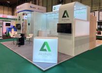 Alcohols exhibition stand, back wall with arched meeting area, lightbox counter