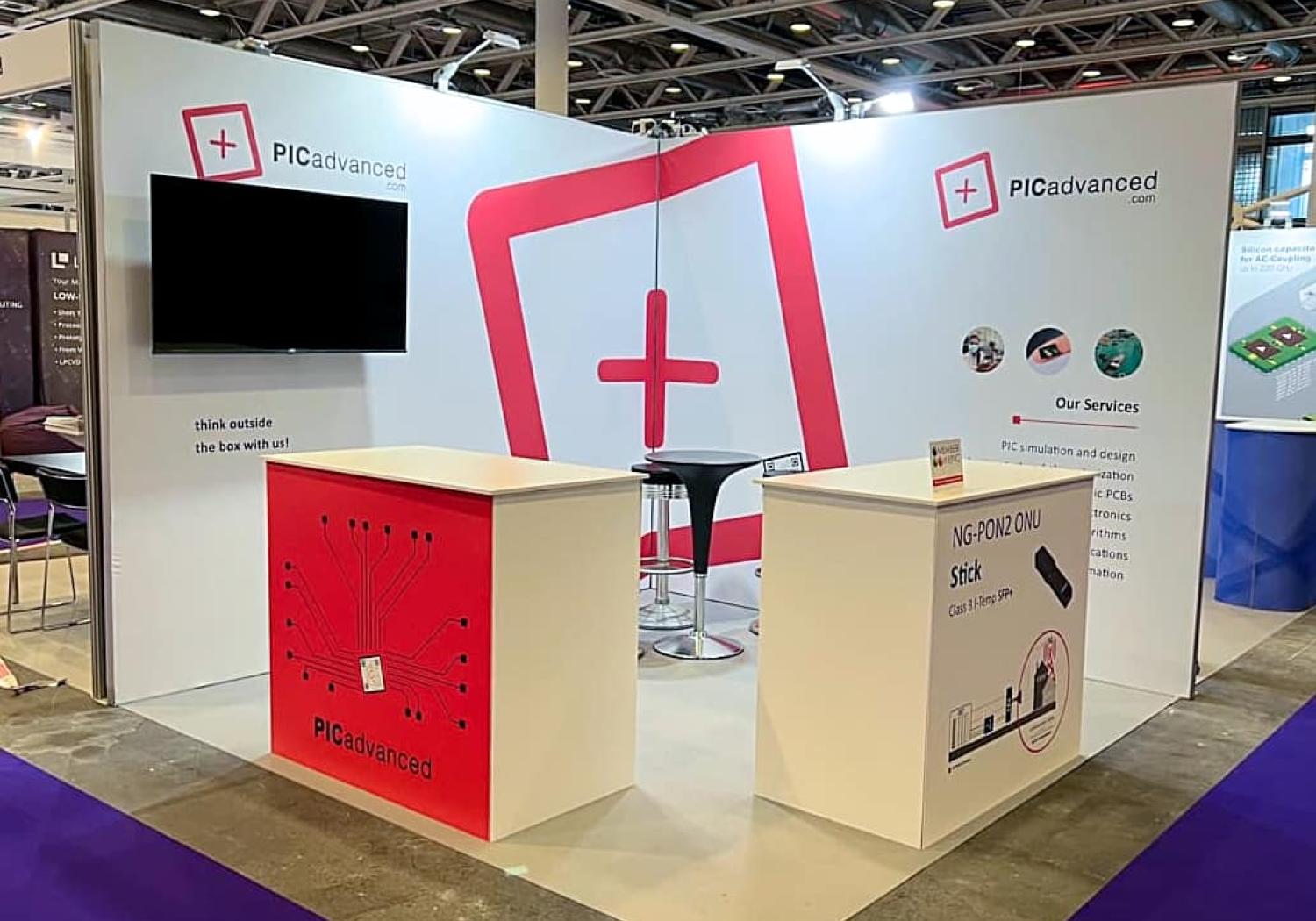 STand for PIC Advanced, 2 walls, 2 reception counters, bar table & stools