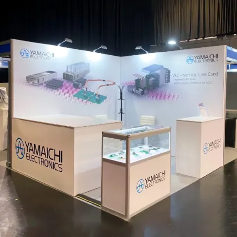 Yamaichi exhibition stand - 2 walls with 3 large counters in front